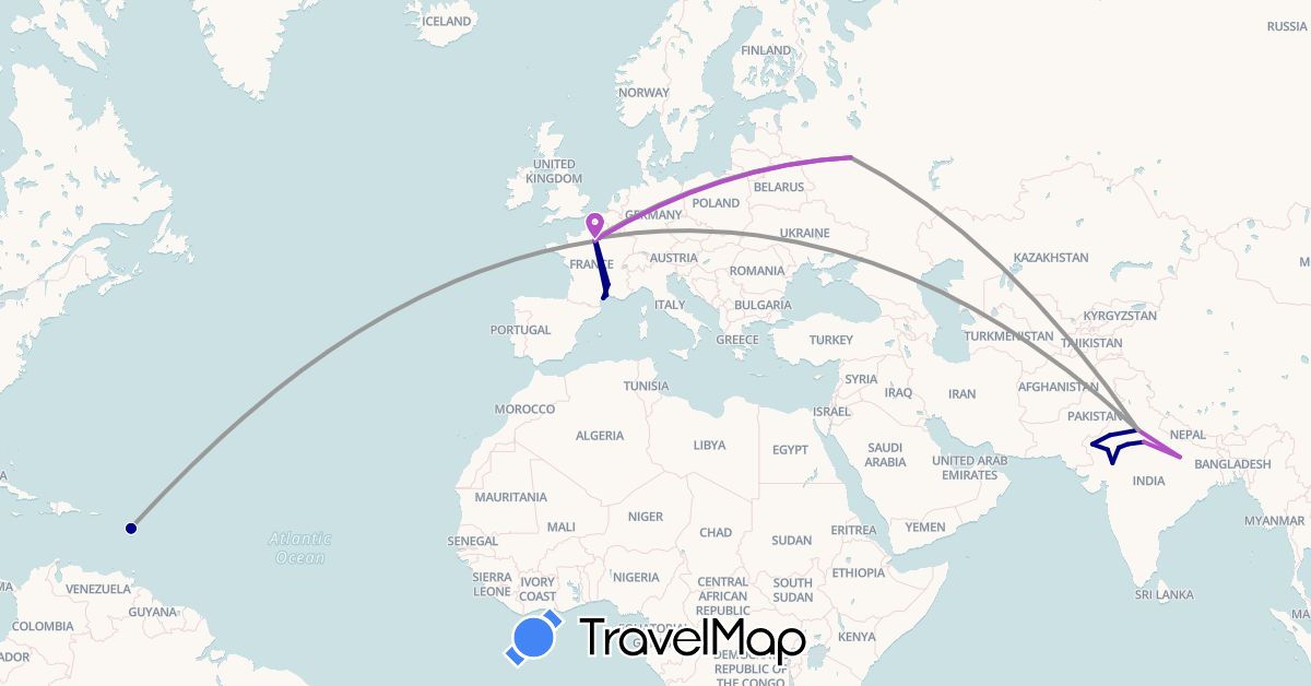 TravelMap itinerary: driving, plane, train in Belgium, France, Guadeloupe, India, Russia (Asia, Europe, North America)